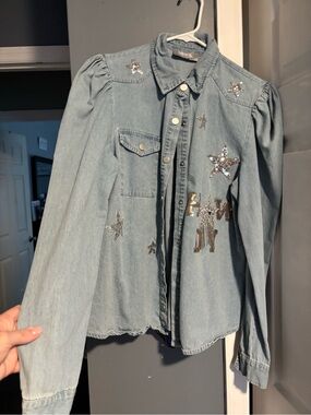 Light Wash Sequin Star Denim Jacket - Puff Shoulder